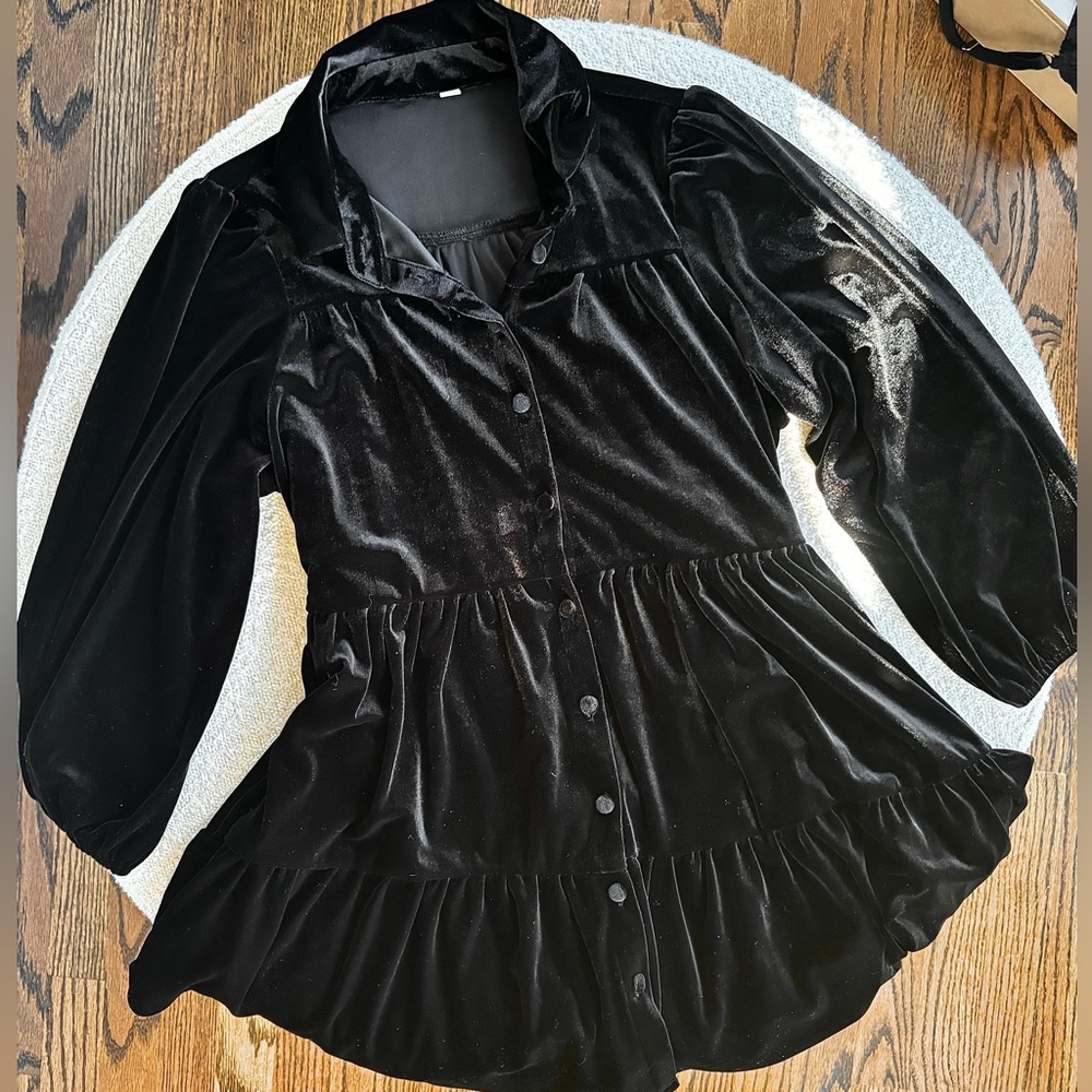 NWOT Black Boutique Smock Dress Crushed Black Velvet Sz Small Button Down V-Neck - Picture 6 of 10